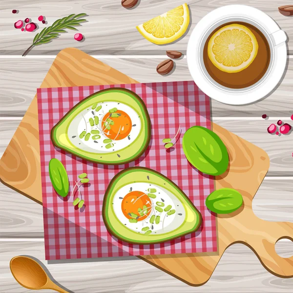Top View Food Creamy Avocado Egg Bake Placemat Wood Plate — Stock Vector