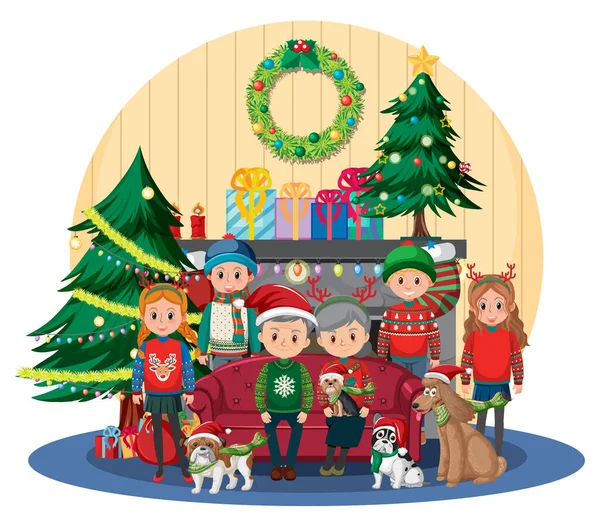Familia Feliz Celebrando Navidad Casa Ilustración — Vector de stock