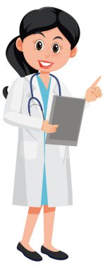 Beyaz arka planda bir kadın doktor çizgi film karakteri.