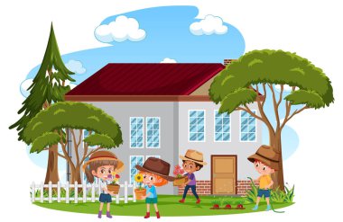 Karakter çizimleri yapan insanlarla izole bir sahne.