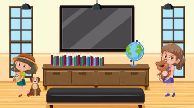 Çocuk çizgi film karakteri çizimleriyle oturma odası sahnesi