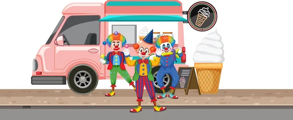 Clowns Standing Front Icecream Truck Illustration — Stock Vector