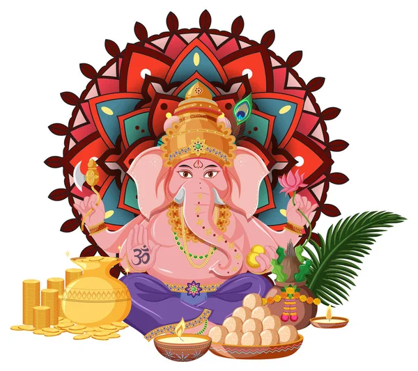 Desenho Animado Ganesh Chaturthi Sobre Fundo Branco Ilustração —  Vetores de Stock