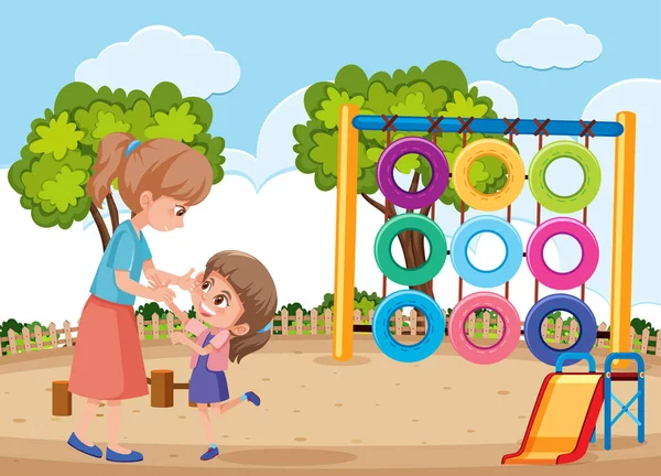 Scena Del Parco Giochi Con Bambini Illustrazione Del Cartone Animato — Vettoriale Stock