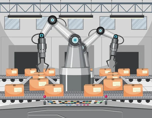 Αυτοματοποίηση Έννοια Της Βιομηχανίας Την Απεικόνιση Ρομπότ Γραμμή Συναρμολόγησης — Διανυσματικό Αρχείο