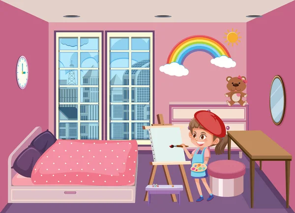 漫画のキャラクターイラスト付きピンクの寝室のシーン — ストックベクタ