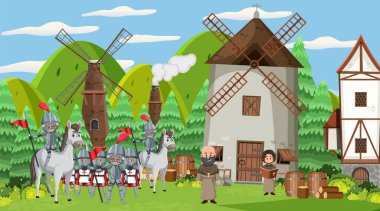 Köylülerin resimli olduğu ortaçağ kasaba sahnesi