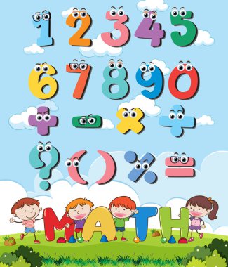 Çocuk resimlemesi için 0 'dan 9' a kadar saymak ve matematik sembolleri