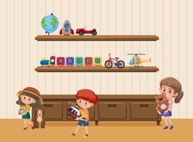 Oyuncak resimlerini tutan farklı çocuklar