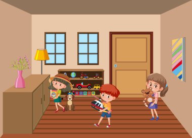 Çocuklar oyuncaklarını oda sahnesinde tutuyorlar.