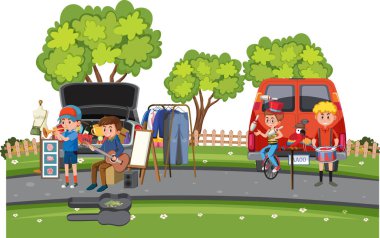 İnsanlar bahçe satışında gösteri yapıyor.