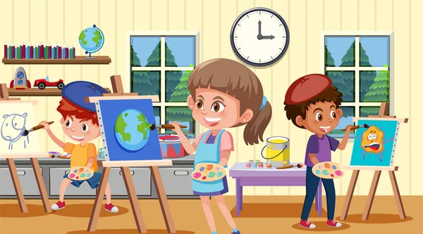 Scuola Arte Aula Con Studente Bambini Illustrazione — Vettoriale Stock