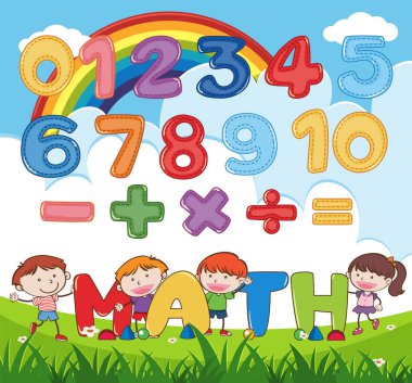 Çocuk resimlemesi için 0 'dan 9' a kadar saymak ve matematik sembolleri