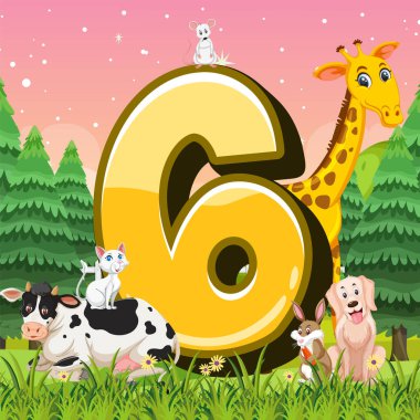 Altı numaraya iliştirilmiş altı farklı hayvan.