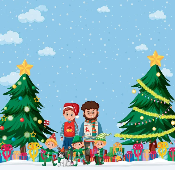 Tema Navideño Con Familia Muchos Regalos Ilustración — Vector de stock