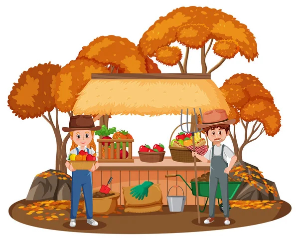 Agricultores Masculinos Femininos Com Ilustração Vegetal —  Vetores de Stock