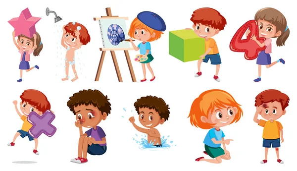 Conjunto Niños Haciendo Diferentes Actividades Sobre Fondo Blanco Ilustración — Vector de stock