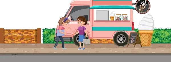 Frauen Stehen Eiswagen Illustration — Stockvektor