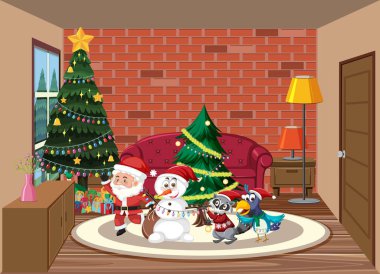 Noel Baba ve Kardan Adam illüstrasyonuyla Noel tatili
