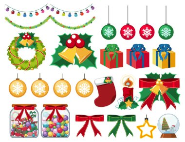 Beyaz arkaplan illüstrasyonuna ayarlanmış Noel süsleri