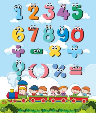 Çocuk resimlemesi için 0 'dan 9' a kadar saymak ve matematik sembolleri