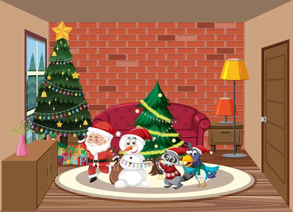 Χριστούγεννα Διακοπές Σάντα Και Χιονάνθρωπος Εικονογράφηση — Διανυσματικό Αρχείο