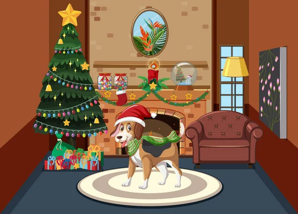 Férias Natal Com Cão Bonito Por Lareira Ilustração — Vetor de Stock