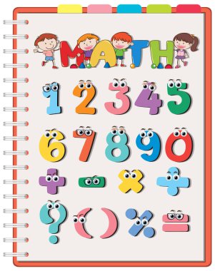 Çocuk resimlemesi için 0 'dan 9' a kadar saymak ve matematik sembolleri