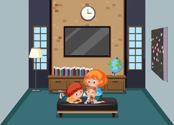 Wohnzimmer Szene Mit Kindern Zeichentrickfigur Illustration — Stockvektor