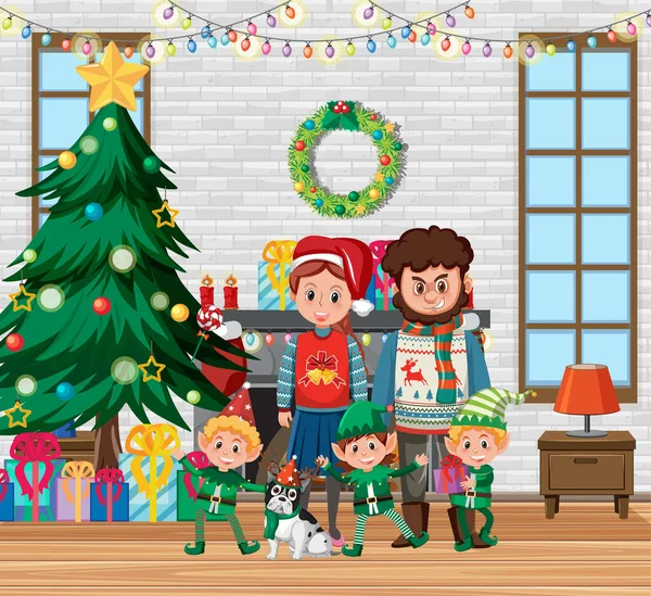 Familia Ilustración Del Día Navidad Casa — Archivo Imágenes Vectoriales