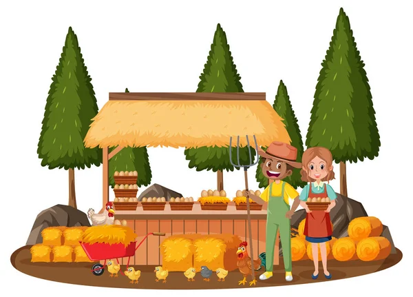 Agricultores Com Ovos Frescos Galinhas Ilustração —  Vetores de Stock