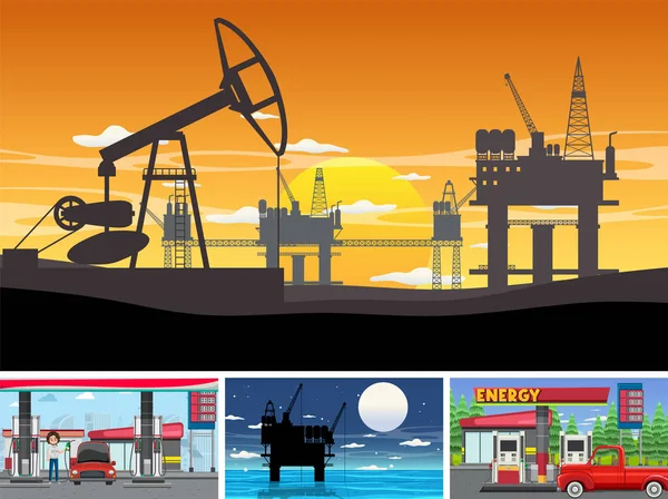 石油ガソリンとガス関連のシーンイラストのセット — ストックベクタ