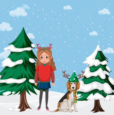 Kar resimlerinde kız ve köpekle Noel teması