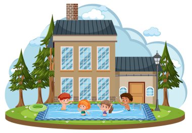 Havuzda yüzen çocuklarla birlikte evin önünde.