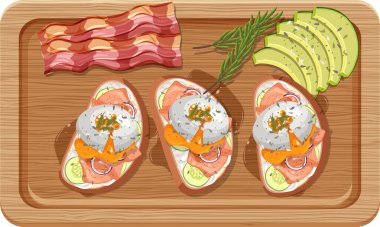 Üst düzey yemek, ahşap tabakta yumurta Benedict, beyaz arkaplan çizimi.