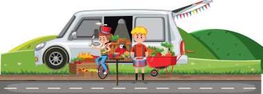 Yemek kamyonu illüstrasyonuyla müzik yapan insanlar