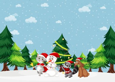 Kardan adam ve evcil hayvan resimleriyle Noel tatili