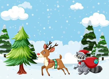 Rakun ve ren geyiği resimleriyle Noel teması