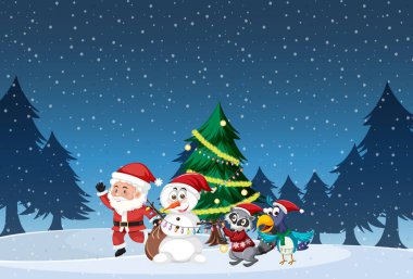 Noel Baba ve Kardan Adam illüstrasyonuyla Noel tatili