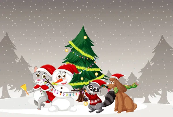 Vacaciones Navidad Con Muñeco Nieve Árbol Ilustración — Vector de stock
