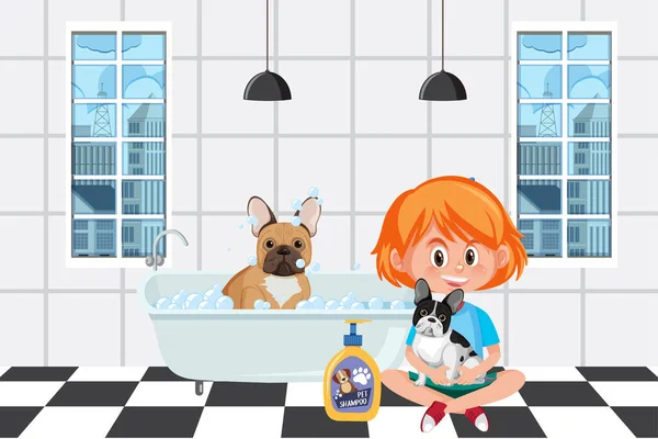 Una Chica Lavando Perro Baño Ilustración — Vector de stock