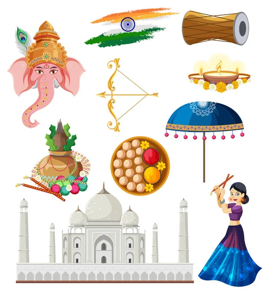 Conjunto Objetos Símbolos Cultura India Ilustración — Archivo Imágenes Vectoriales