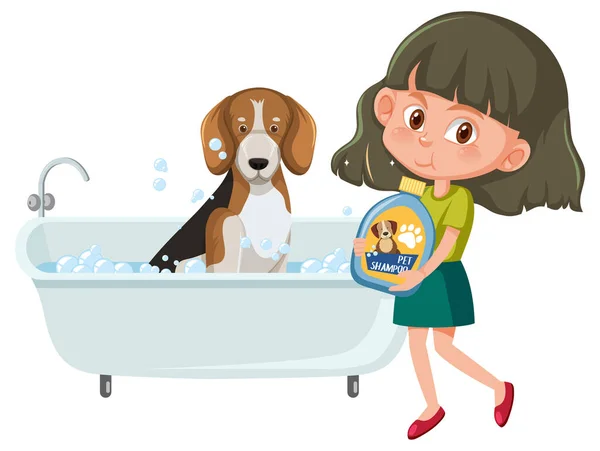 Uma Menina Lavando Sua Ilustração Cão Beagle — Vetor de Stock