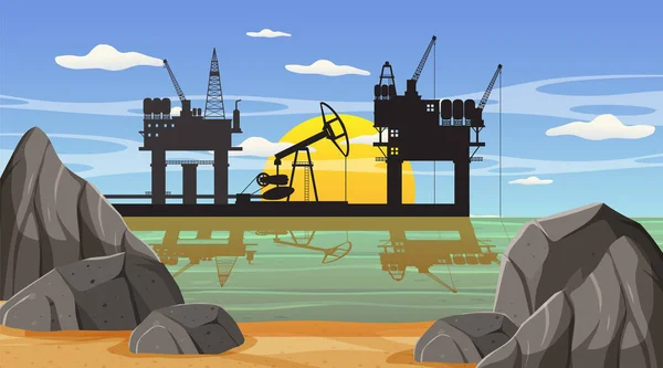Concepto Industria Petrolera Con Ilustración Plataforma Petrolífera Alta Mar — Archivo Imágenes Vectoriales