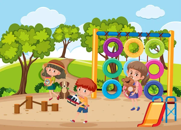 Spielplatzszene Mit Kindern Cartoon Illustration — Stockvektor