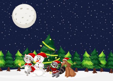 Kardan Adam ve Hayvanlar illüstrasyonuyla Noel teması