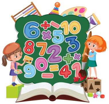 Çocuk resimlemesi için 0 'dan 9' a kadar saymak ve matematik sembolleri