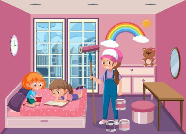 Ressam yatak odasını pembeye boyuyor.