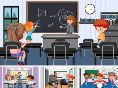 Sınıf sahne illüstrasyonunda öğrenci seti