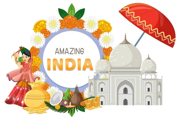 インドのオブジェクトと要素のイラストと素晴らしいインドのバナー — ストックベクタ